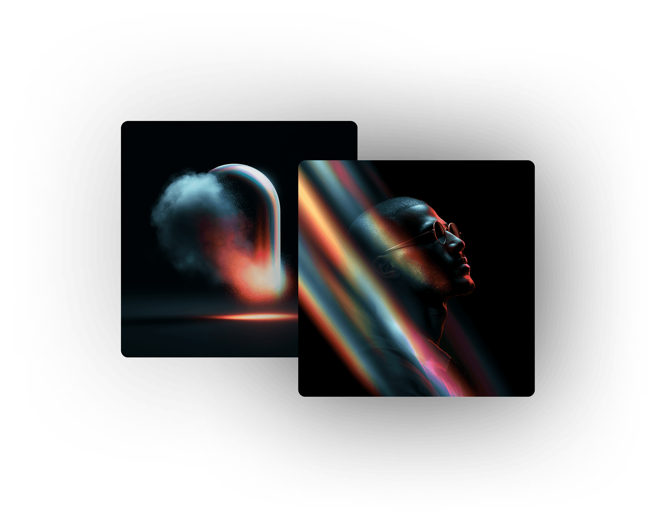 Two AI-generated images made from a Material as style reference: a glowing cloud form and a prism-lit portrait