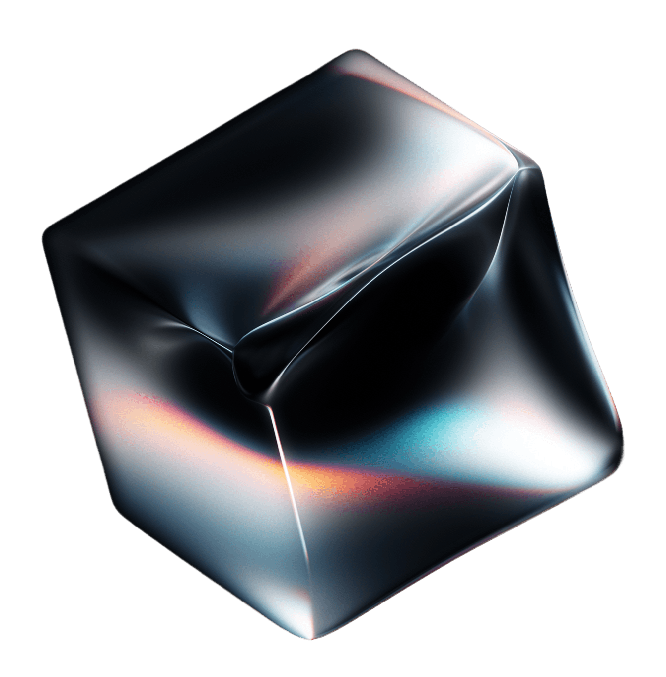 Dark chrome cube with dented faces and iridescent rainbow edges — the Material used for both design and AI work