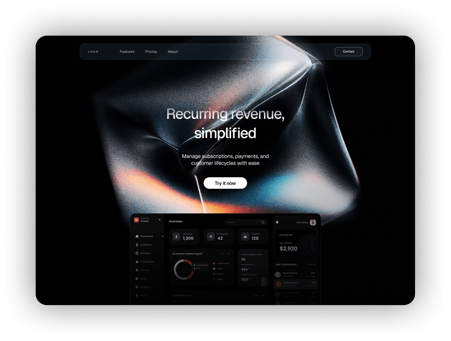 Dark SaaS landing page using the chrome cube Material as its hero background, with a dashboard below